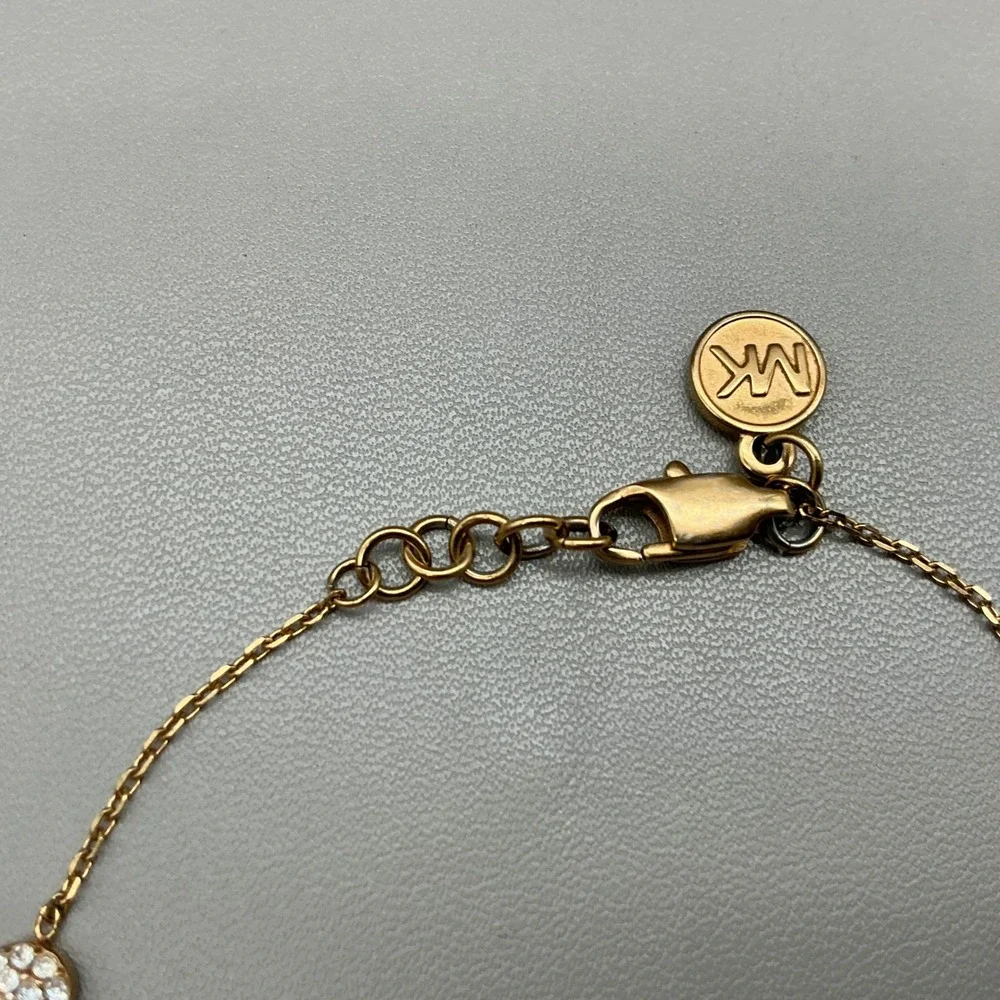 Michael Kors Bracelet Gold Tone Crystal Pave Heart Charm Chain Adjustable
